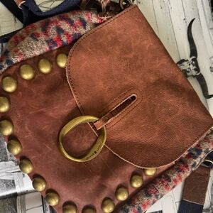 Lucky Brand Cognac leather and southwestern flannel print crossbody bag!